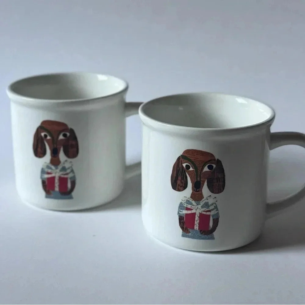 Pottery Barn Christmas Present Dog Mugs by Denise Fiedler Dachshund Weinerdog 2